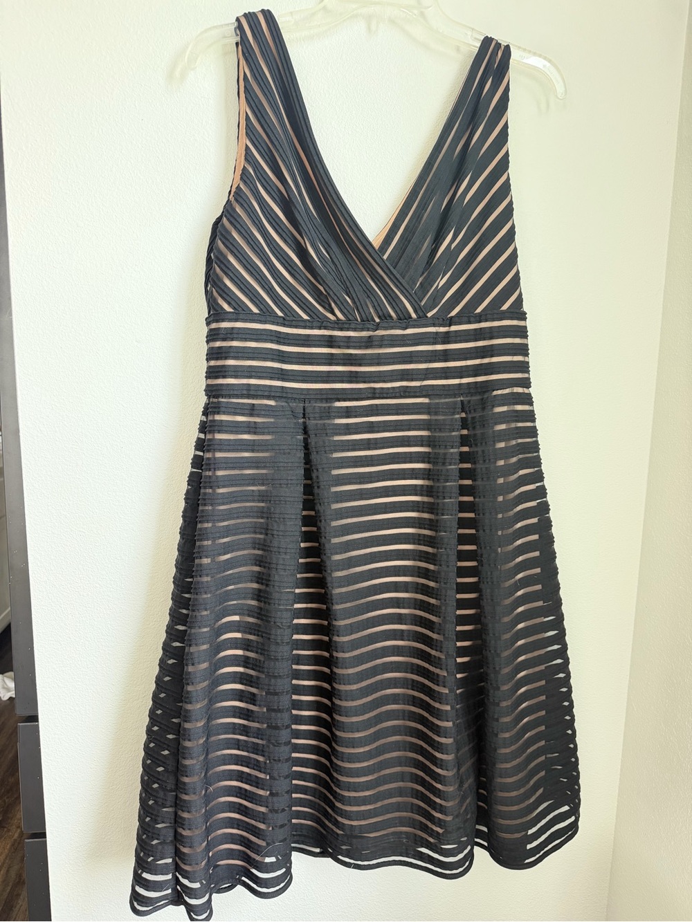 WHBM Stunning Black and Nude Striped V-Neck Fit & Flare Dress
